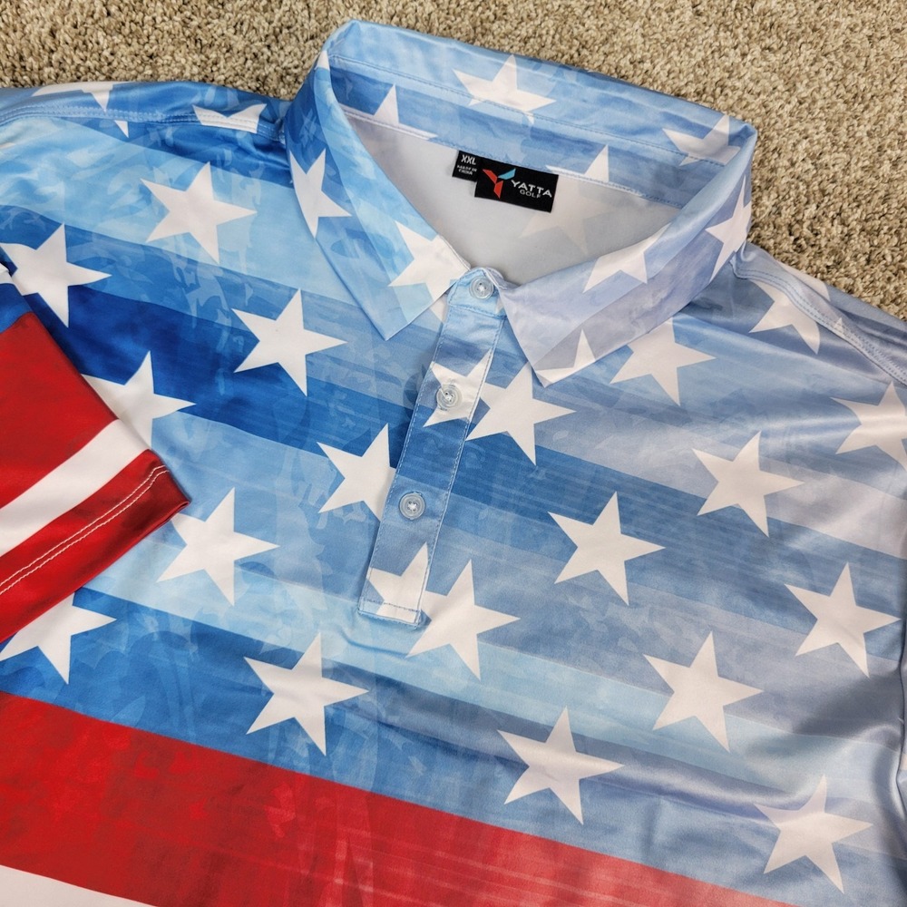 Yatta Golf Mens 2XL‎ Red White Blue AOP USA Flag Performance Stretch Polo SS